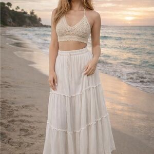 Radpost White Maxi Skirt Size S Boho Tiered Flowy Long Skirt